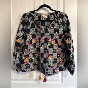 Savannah Jane Embroidered Top Floral Whimsical Boho Festival Gingham Size Small